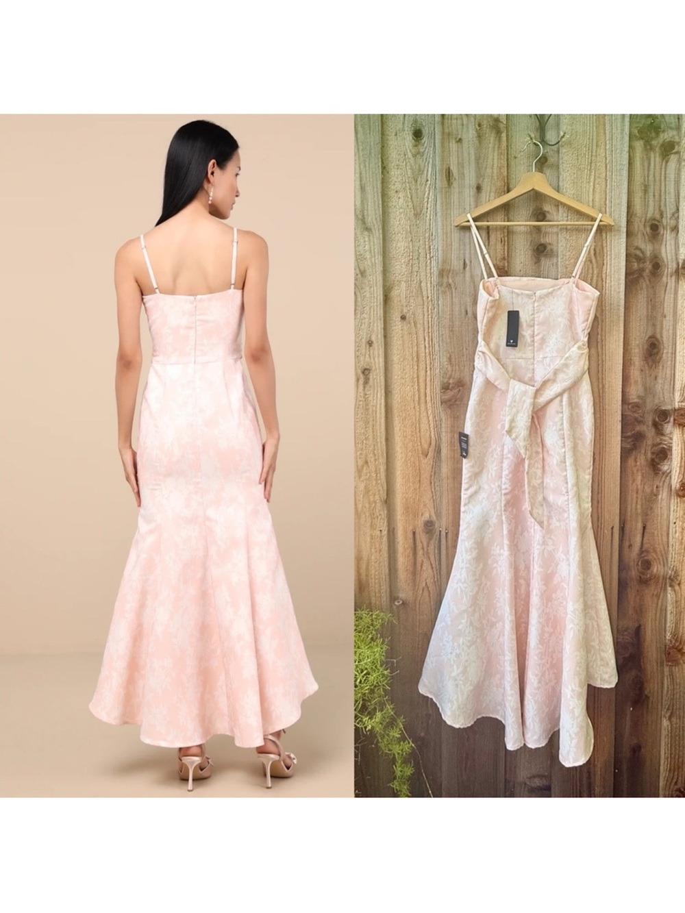 Blush Pink Floral Jacquard High-Low Mermaid Midi Dress 🌿 - Picture 4 of 11